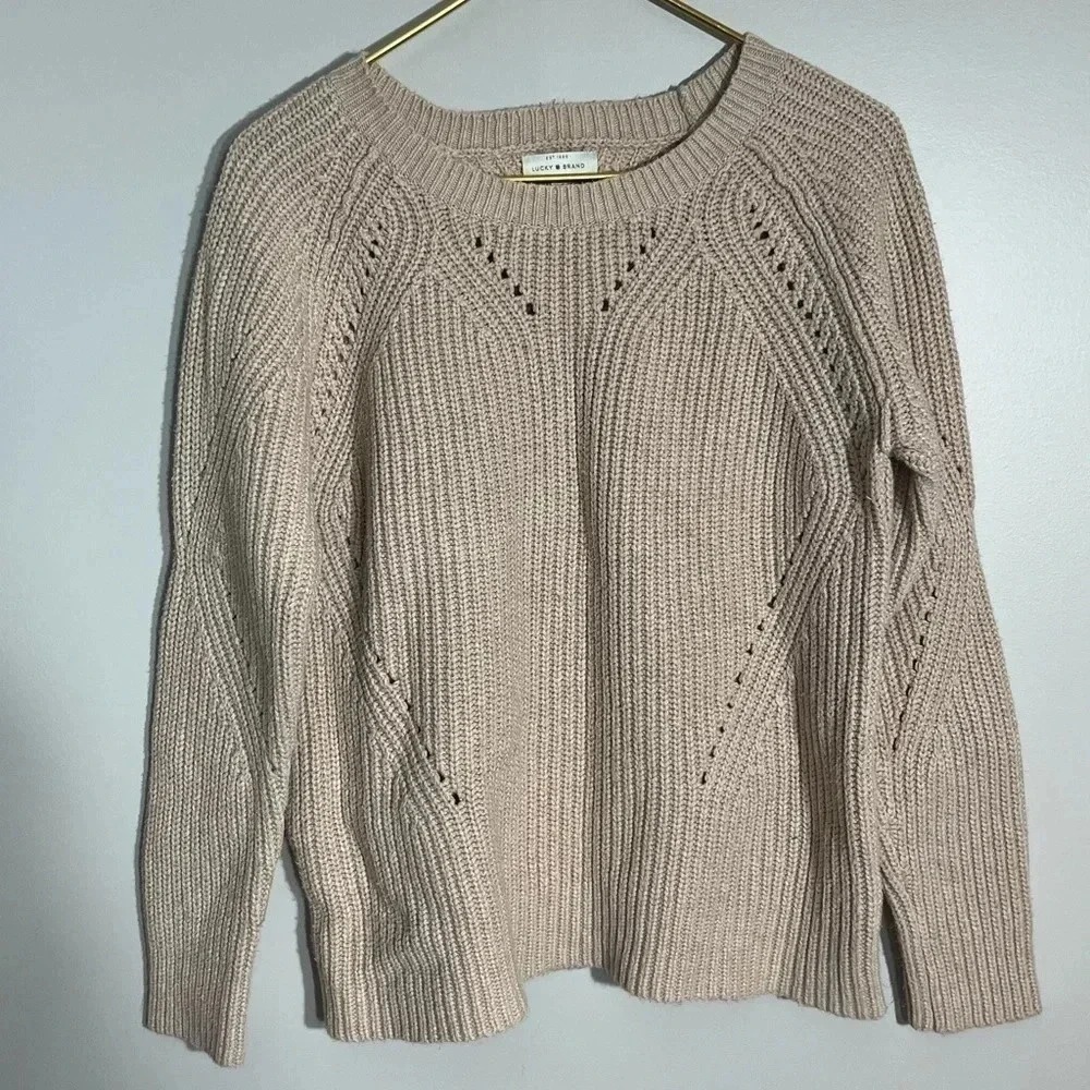 Lucky Brand Womens Oatmeal Beige Pointelle Shaker Knit Cotton Blend Sweater L